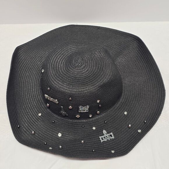 Karl Lagerfeld Black Straw Signature Pin Studs Paris Charm Embellished Sun Hat main image 9
